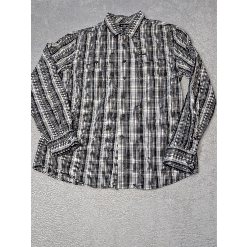 Men's Marc Ecko Plaid Casual Button Down Shirt L Black White
